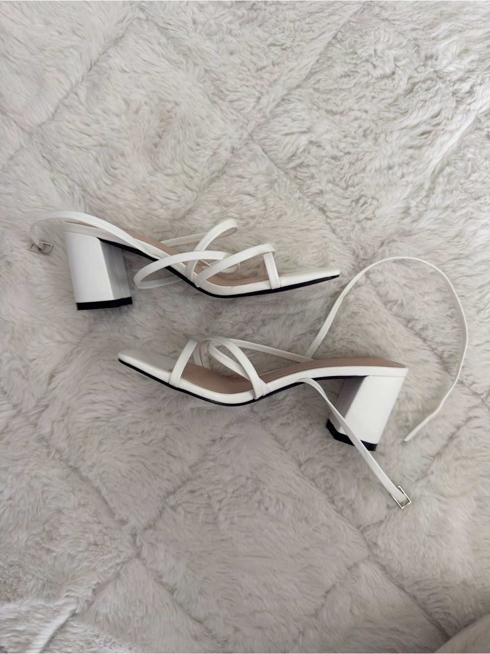 White strappy block heels